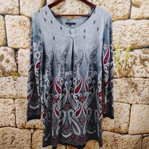Funsport Gray and Red Paisley Long Sleeve Women's Dress Size XL